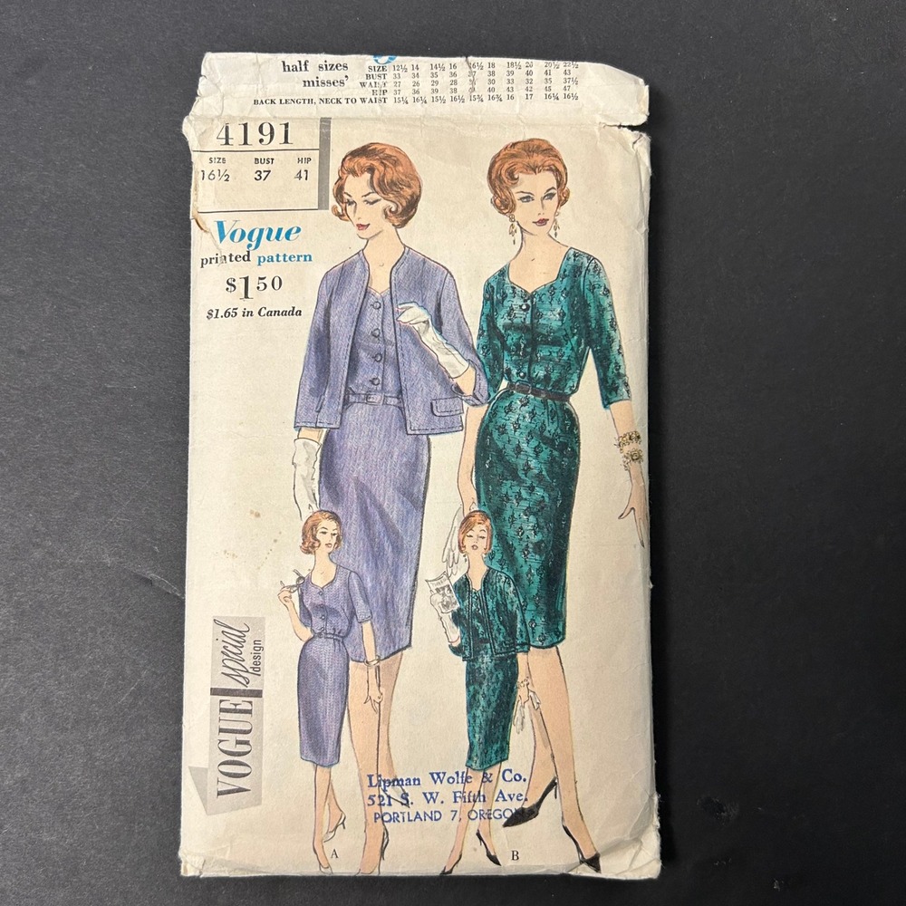 Vintage 60's Vogue 4191 Sewing Pattern Misses 16.5 Dress Jacket Set